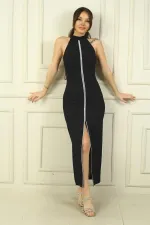 Kadın Halter Yaka Önü Yırtmaçlı Ortası Taş Şeritli Uzun Krep Elbise