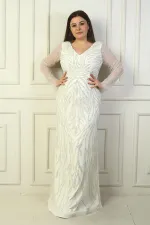 Front and Back V-Neck, Tulle Sleeves, Lined, Embellished Long Plus Size Dress