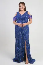 Kadın Tüylü Düşük Kollu Pul İşlemeli Astarlı Büyük Beden Uzun Elbise