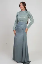 Kadın Üstü Pul Sim Detaylı Eteği Büzgülü Astarlı Şifon Uzun Elbise