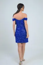 Women's Madonna Neckline Lined Short Dress with Knot Detail and Underwired Sequins