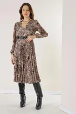 Double-Breasted, Belted, Lined, Snake Patterned Pleated Satin Dress