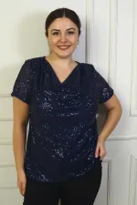 Kadın Degaje Yaka Astarlı Pulpayet Büyük Beden Bluz