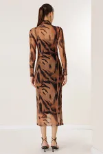 Leopar Desenli Önü Büzgülü Astarlı Tül Elbise