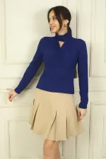 Kadın Önü Pencereli Düğüm Detaylı Likralı Bluz