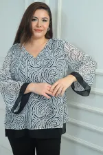 Kadın V Yaka Desenli Büyük Beden Şifon Bluz