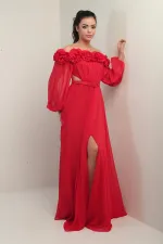 Women's Floral Madonna Neckline Belted Lined Chiffon Long Dress