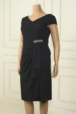 Robe courte pailletée pour femme, col en V, manches cloutées, doublure sur le côté, détails en pierre, mouchoir BB