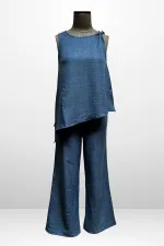 Kadın  Toka Detaylı Eteği Asimetrik Bluz Beli Lastikli Cepli Palazzo Pantolon Keten 2'li Takım