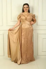 Zincir Askılı Ön Arka V Yaka Düşük Kollu Simli Flok Baskılı Astarlı Uzun Balık Elbise