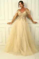 Long Tulle Dress with Beaded Top and Lace-Up Front Window