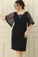 Plus Size Dress with Stone Embellishment on Collar and Sleeves and Lining