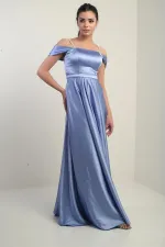 Strappy, Stone-Detailed, Square Neck, Lined Long Satin Dress
