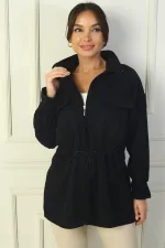 Manteau en cachemire pour femme avec fermeture éclair sur le devant, taille et poignets froncés, et double poche.