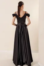 İp Askılı Düşük Kollu Taş Detaylı Önü Drapeli Astarlı Uzun Saten Abiye Elbise