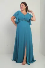 Robe en mousseline de soie grande taille pour femme, col en V, manches à volants, taille doublée, poche perlée