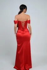 Women's Strapless Low-Sleeve Lined Underwired Satin Long Dress