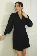 Kadın Kruvaze Yaka Önü Düğmeli Şifon Kollu Boncuklu Kısa Elbise