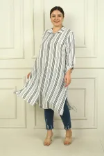 Kadın Sahte Tek Cepli Kol Katlamalı Boyuna Çizgili Büyük Beden Uzun Tunik Gömlek