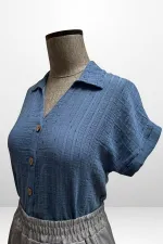 Kadın Polo Yaka Kendinden Desenli Keten Gömlek