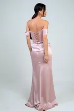 Kadın Straplez Düşük Kollu Astarlı Balenli Saten Uzun Elbise