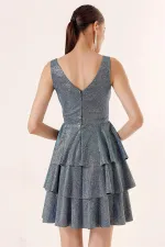 Ön Arka V Yaka Simli Katlı Elbise