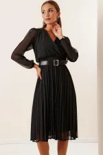 Wrap Neckline Belted Lined Polka Dot Pleated Chiffon Dress