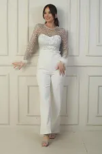 Women's Tulle Leaf Flock Printed Belted Crepe Jumpsuit with Feathered Sleeves