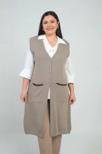 Gilet long en maille grande taille pour femme avec détails rayés sur les poches