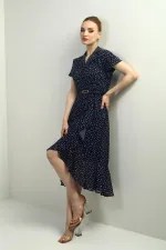 Women's Wrap Neckline Lined Chiffon Dress with Crisp Pattern and Ruffled Front