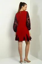 Women's Short Dress with Flocked Print on Sleeves and Hem, and Ruffled Detail.