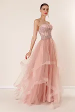 Long, Layered Tulle Taffeta Evening Dress with Beaded Embellishments