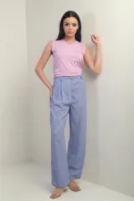 Women's Palazzo Pants with Elastic Waistband, Pockets and Pleat Details