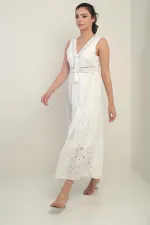 Women's Front and Back V-Neck Beaded Lined Midi Dress