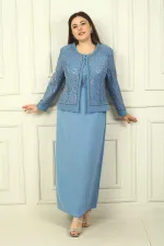 Women's Beaded and Sequin Embellished Tulle Jacket, Half-Moon Sleeve Long Dress, Lined, Plus Size Two-Piece Set