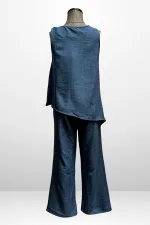 Kadın  Toka Detaylı Eteği Asimetrik Bluz Beli Lastikli Cepli Palazzo Pantolon Keten 2'li Takım