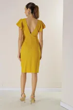 Ön Arka V Yaka Kolları Volanlı Astarlı Krep Elbise