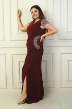 Front and back V-neck, sleeve and waist stone detailing, lined, draped, glittery plus size lycra long dress