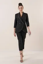 Yaka Ve Kol uçları Taş Zincir Detaylı Astarlı Ceket Cepli Pantolon 2'li Takım