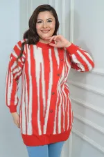 Kadın Önü Düğme Detaylı Simli Boyuna Çizgili Büyük Beden Triko Tunik Kazak