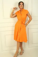 Button-front, belted, pocketed linen-effect dress.