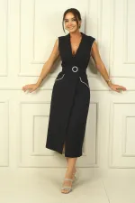 Women's Wrap Neck, Lined, Button-Front Crepe Dress with Stone Embellishments and Belt