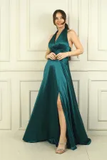 Kadın V Yaka Sırt Dekolteli Üstü Piliseli Örme Saten Uzun Elbise