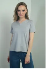 Chemisier à manches courtes et col en V pour femme avec fente