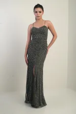 Robe longue à bretelles pour femme, doublée de tulle et ornée d'un imprimé pierre floqué