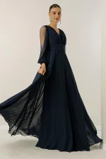Front and back V-neck, draped front, tulle sleeves, lined, wide-length chiffon dress.