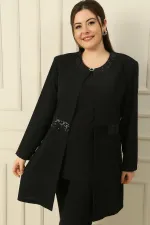 İçi Kolsuz Likralı Bluz Yakası Ve Beli Pul Detaylı Büyük Beden Krep 2'li Takım