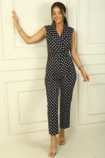 Wrap-Neck Belt Detail Polka Dot Crepe Satin Double Jumpsuit