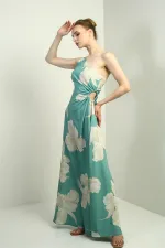 Women's One Shoulder Side Window Large Leaf Patterned Long Crepe Satin Dress