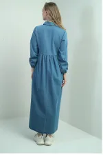 Kadın Önü Yarım Fermuarlı Önü Ve Yanı Cepli Uzun Kot Elbise